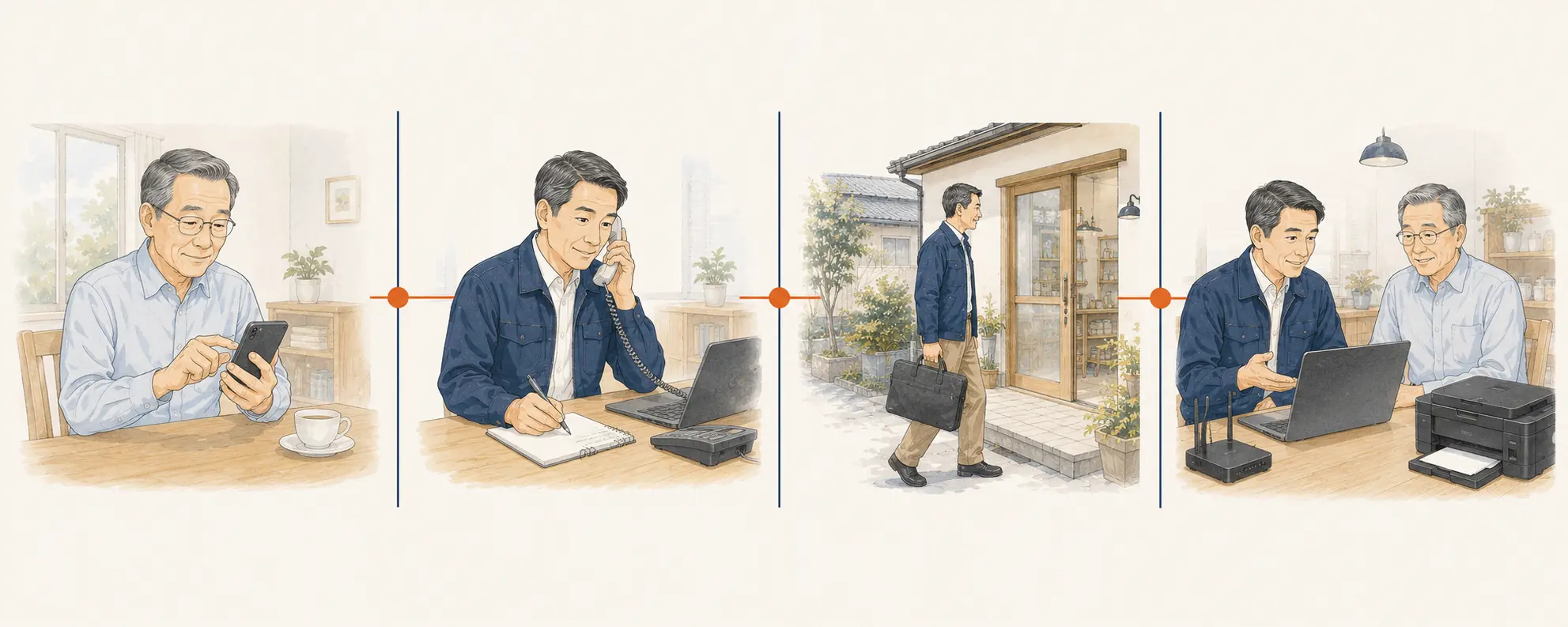 問い合わせ、内容と日程の確認、貝塚市への訪問、作業と説明までの流れ