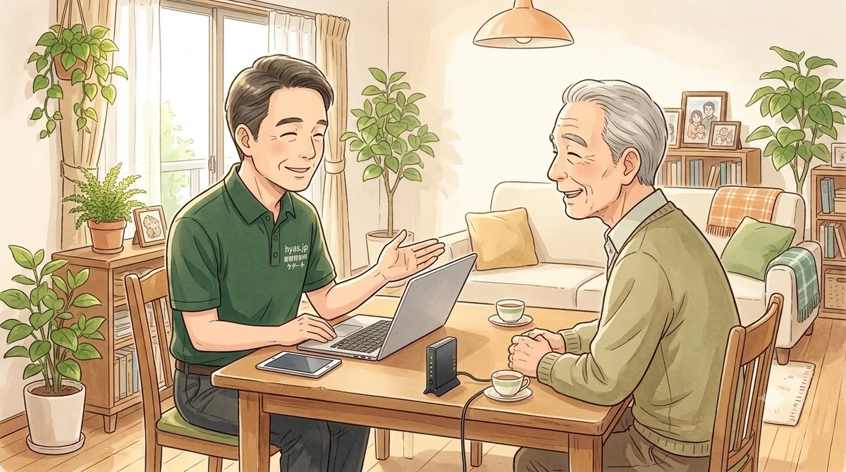 担当者が利用者宅でノートパソコンとルーターを見ながら、対面で分かりやすく説明するイラスト