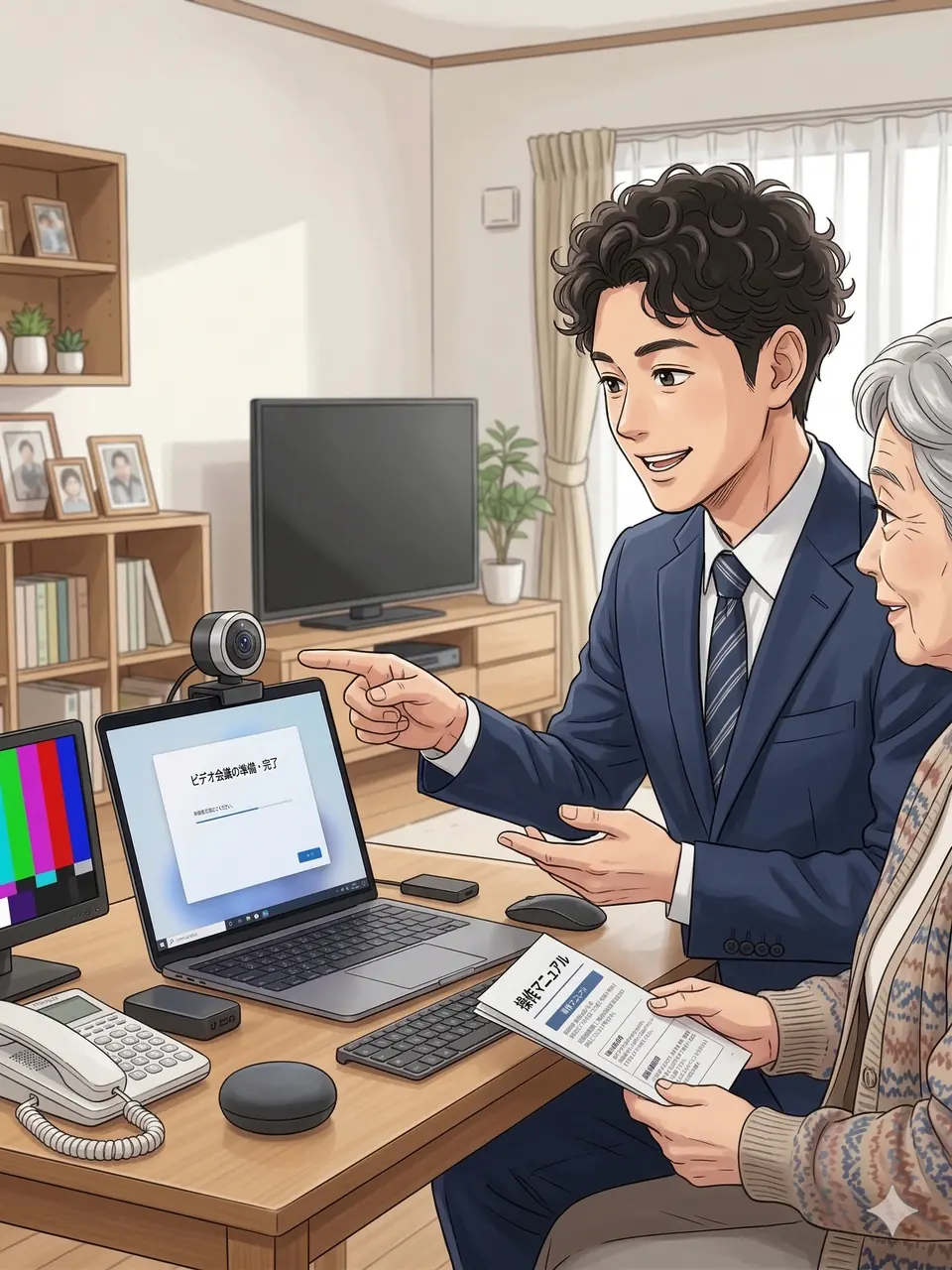 利用者宅でパソコンの操作方法を説明するhyas.jp担当者のイラスト