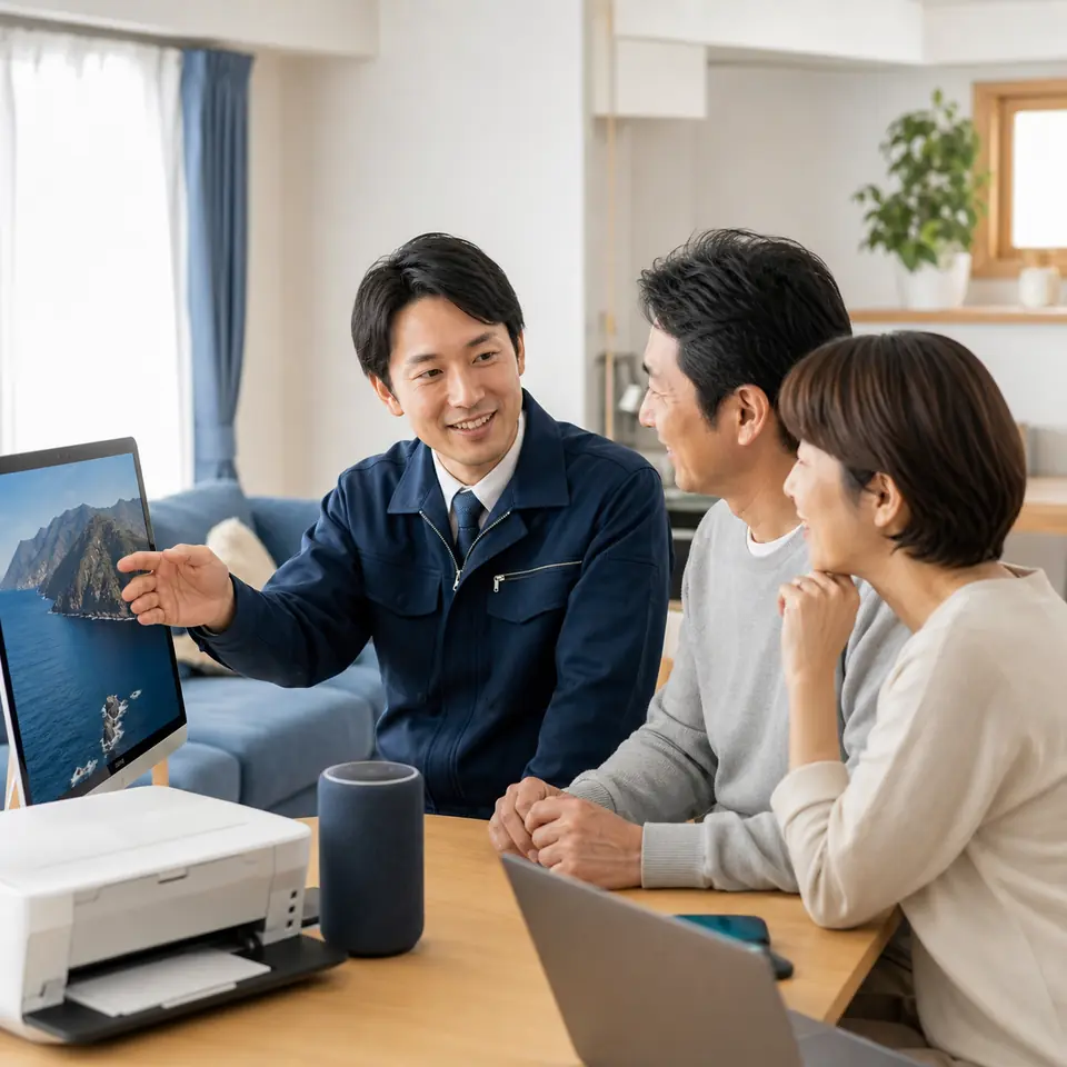 完成したパソコン環境にご家族で喜ぶ様子