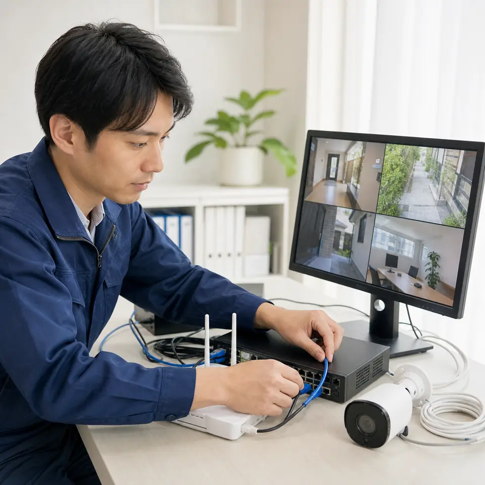 配線やカメラ、ネットワークの設定作業中