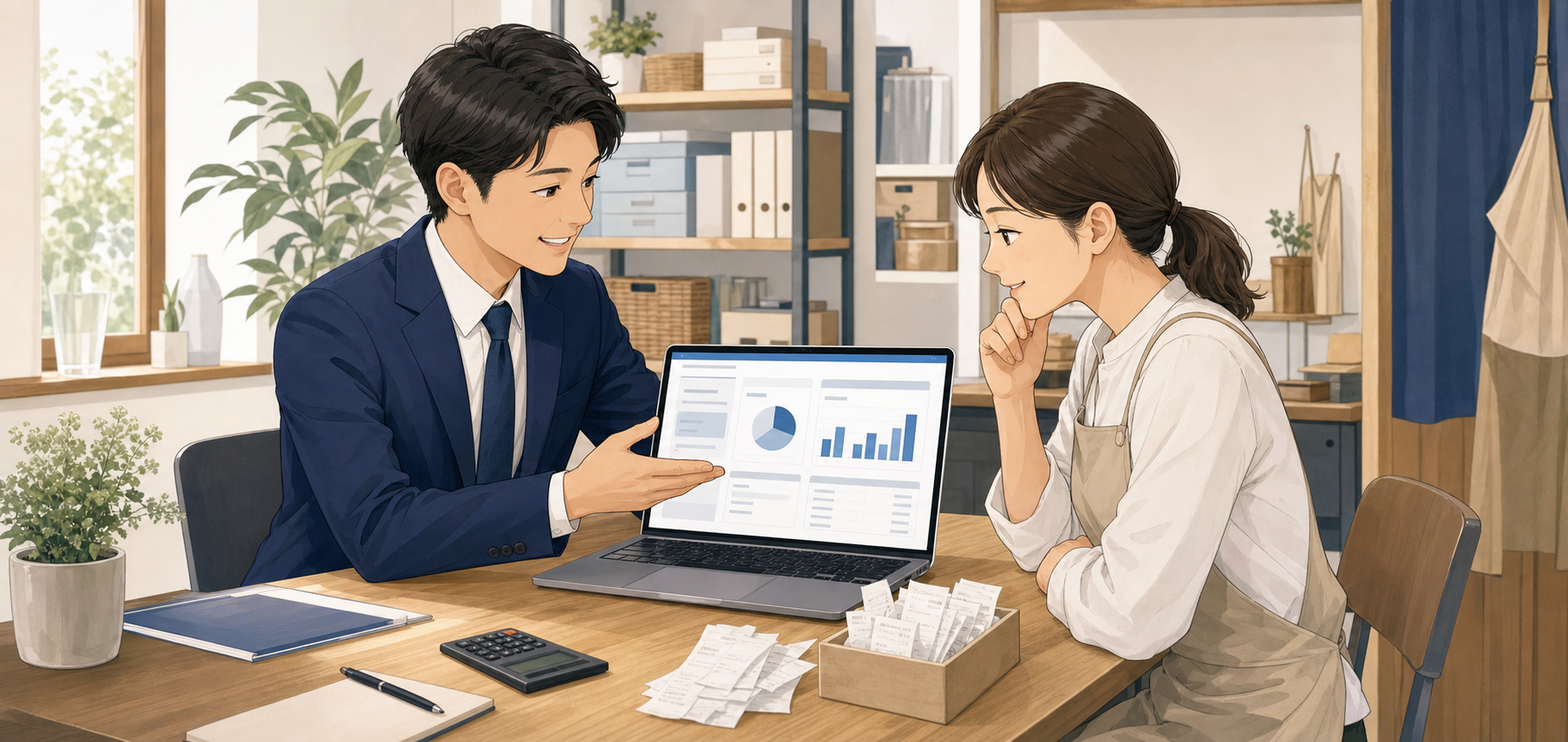 会計ソフトの画面を見ながら導入相談をしているイラスト
