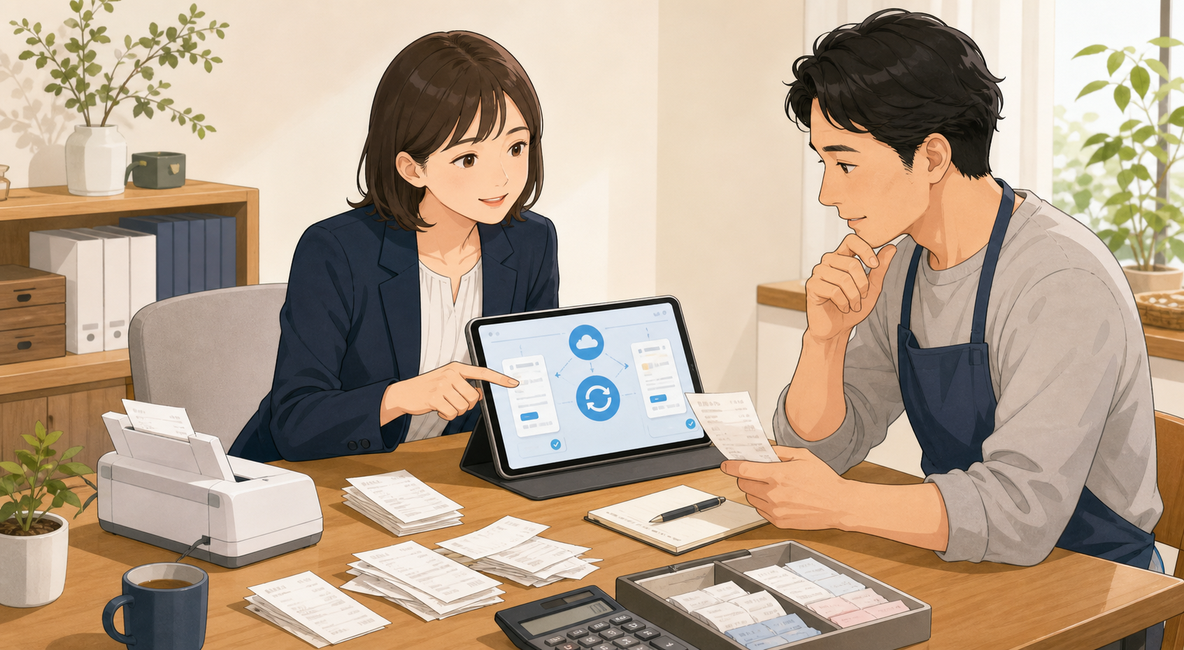 領収書整理とデータ連携を一緒に確認しているイラスト