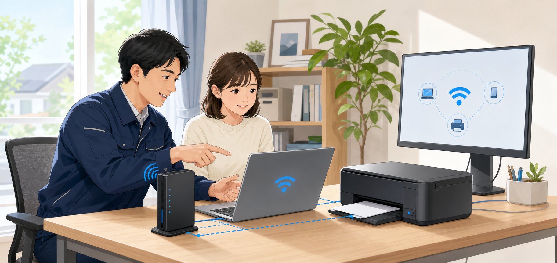 Wi-Fiとパソコン接続を一緒に確認しているイラスト