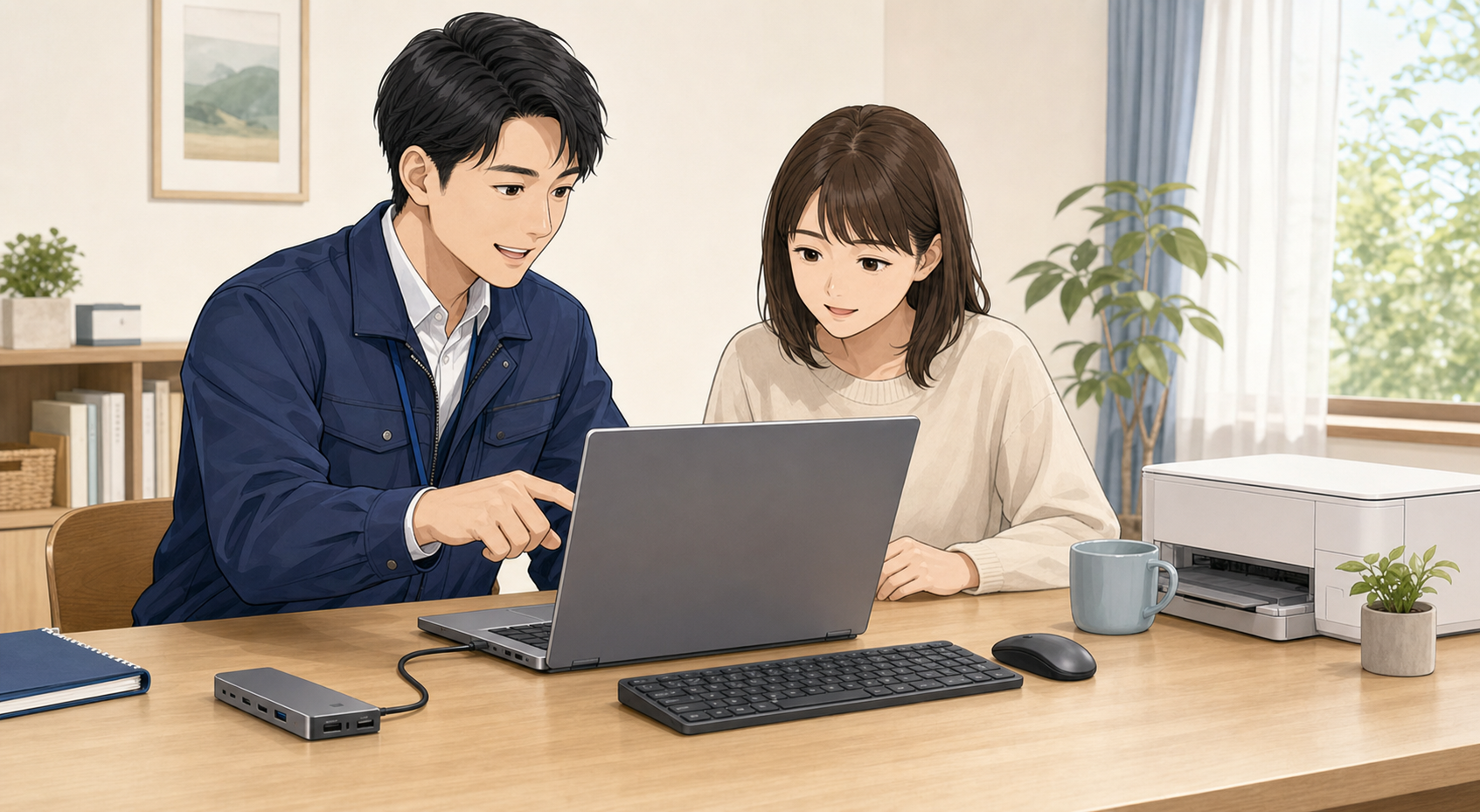 新しいパソコンの初期設定を一緒に進めているイラスト
