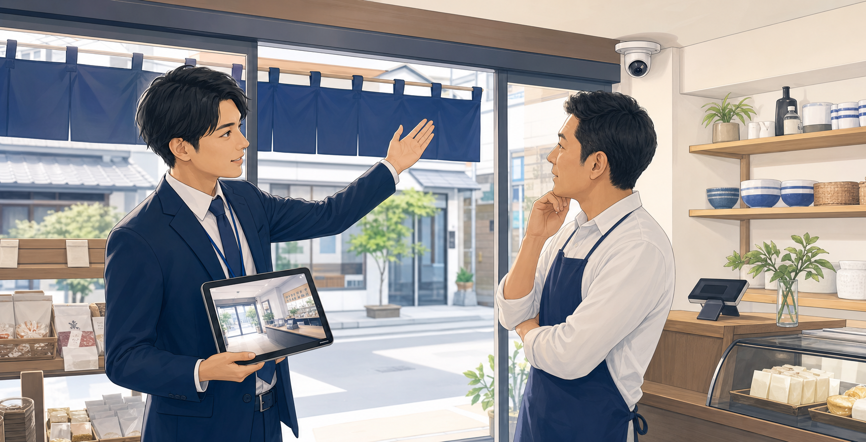 防犯カメラの設置位置を一緒に確認しているイラスト