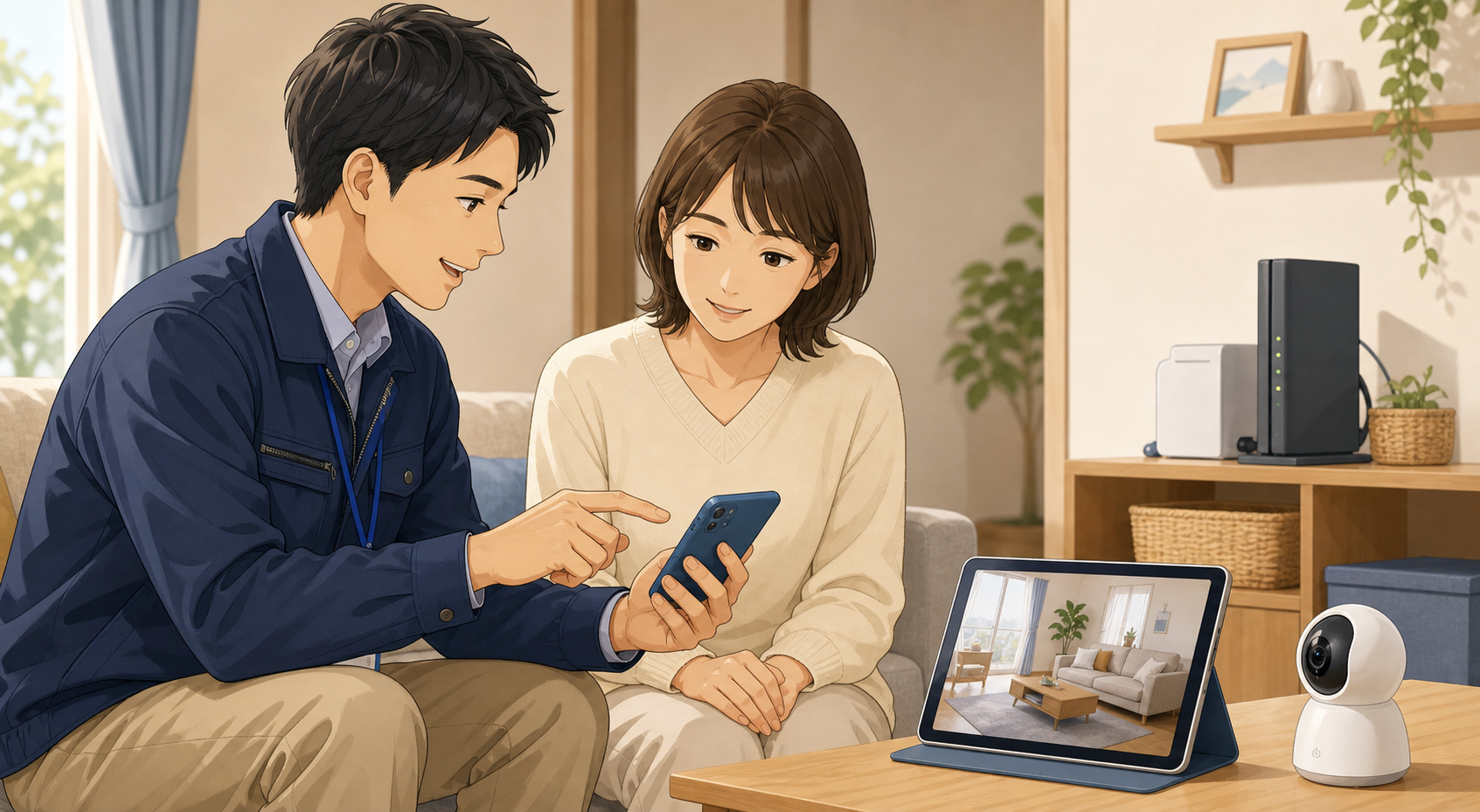 ご自宅でスマホの遠隔確認設定を一緒に進めているイラスト