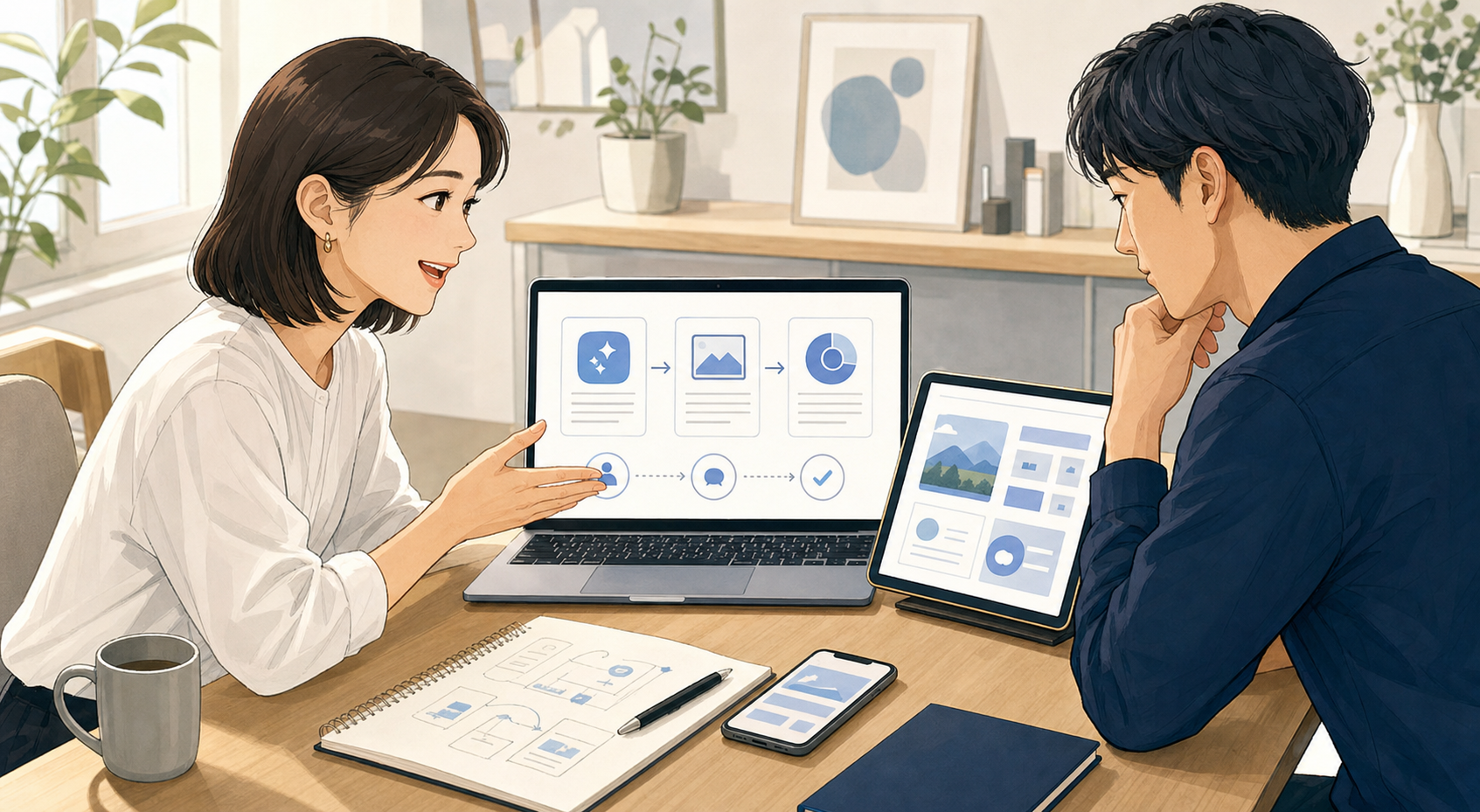 AI活用の流れを一緒に確認しているイラスト